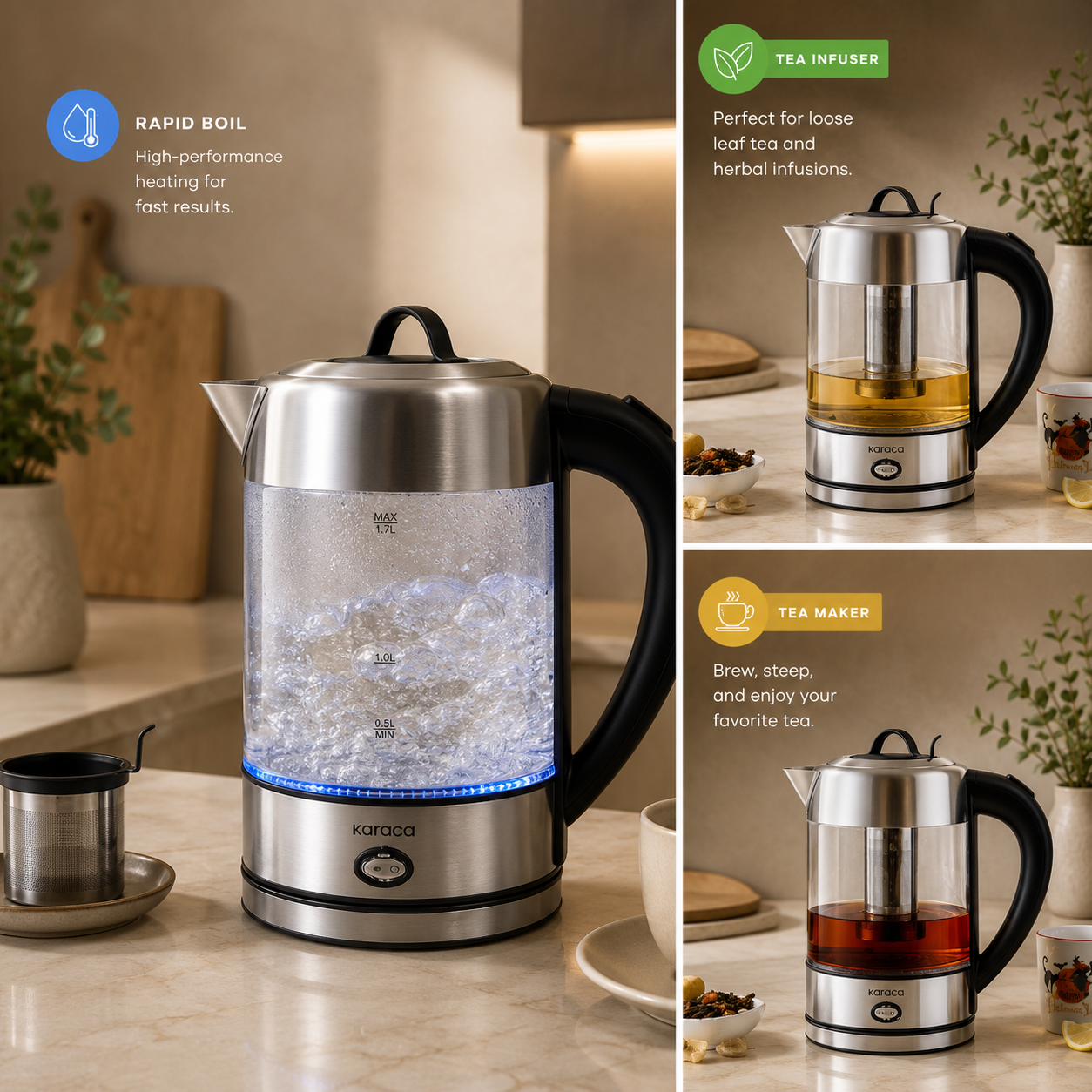 Karaca Inox Herbal Tea Maker & Electric Kettle – 1.7L, LED & Stainless Steel, 153.01.06.4887 2 Karaca Inox Herbal Tea Maker & Electric Kettle – 1.7L, LED & Stainless Steel, 153.01.06.4887 - Image 2