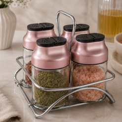 Karaca Dimple 4-Piece Glass Spice Rack Set and Stand – Rose Gold, 153.03.06.1682