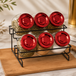 Alternative view of Karaca Sunrise 6-Piece Glass Spice Rack Set with Stand – Red, 153.03.06.2476