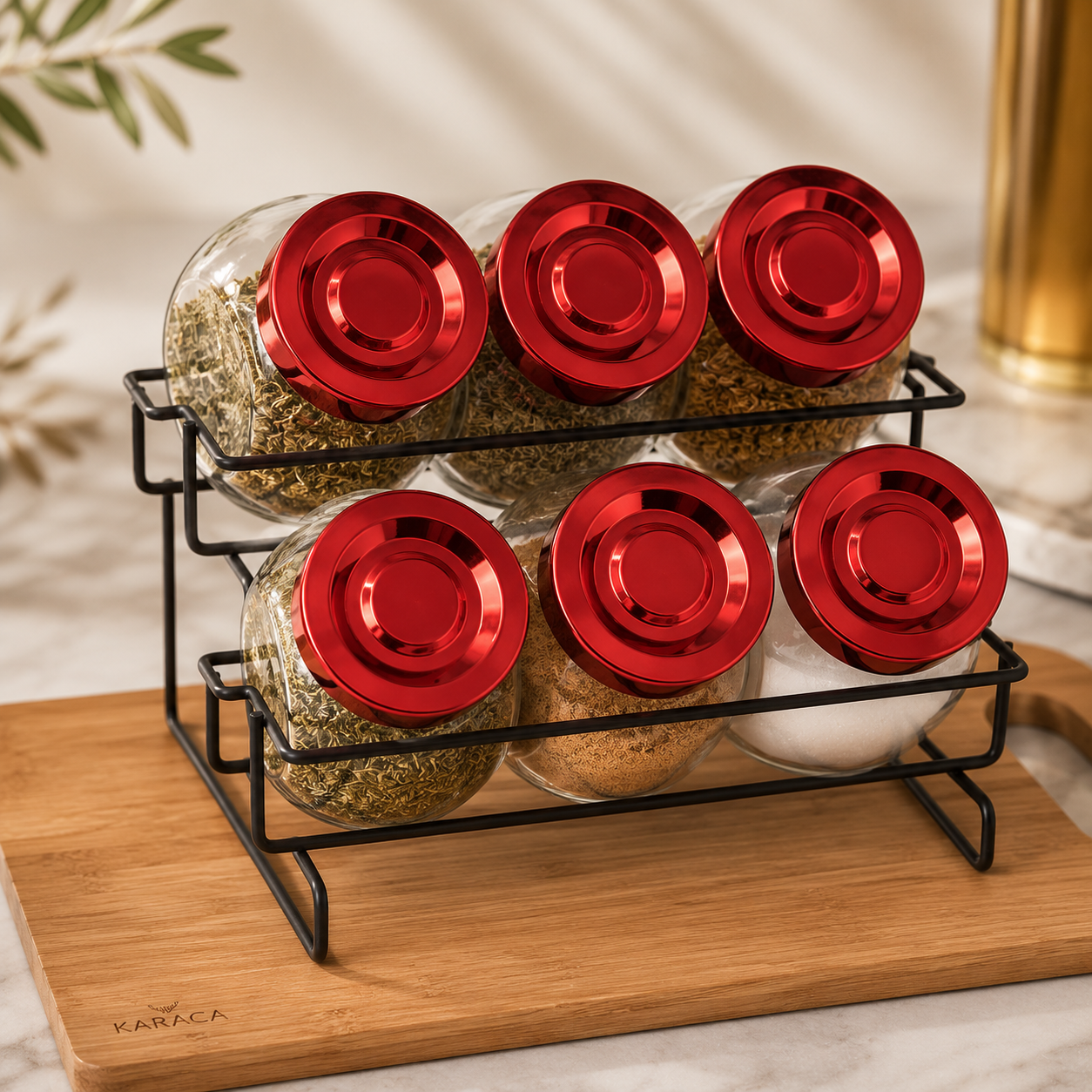 Karaca Sunrise 6-Piece Glass Spice Rack Set with Stand – Red, 153.03.06.2476 2 Karaca Sunrise 6-Piece Glass Spice Rack Set with Stand – Red, 153.03.06.2476 - Image 2