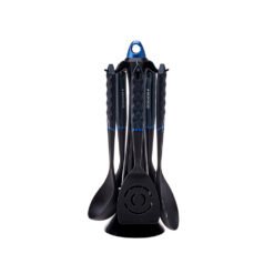 Karaca Diamond Blue 6Pcs Stand Service Set [Spatula 31cm - Colander 34cm - Pasta Spoon 31.5cm - Serving Spoon 31.5cm - Ladle 31.5cm - Stand 40cm], 153.03.06.8341