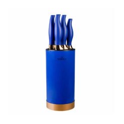 Karaca Blue Gold 6Pcs Knife Set [20cm Bread Knife - 13cm Slicing Knife - 20cm Chef's Knife - 9cm Paring Knife - 20cm Chopping Knife - Knife Stand], 153.03.07.7668