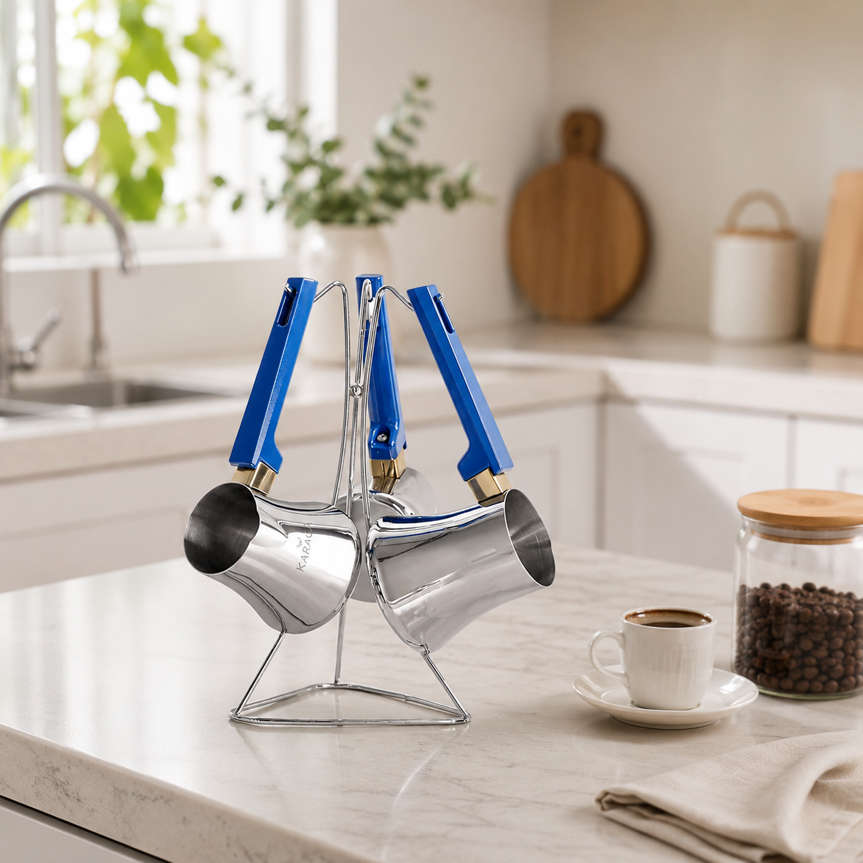 Karaca Piramid 3-Piece Stainless Steel Coffee Pot Set with Blue Handles, 153.03.08.0408 3 Karaca Piramid 3-Piece Stainless Steel Coffee Pot Set with Blue Handles, 153.03.08.0408 - Image 3