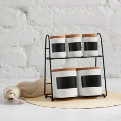Karaca 5 Piece Porcelain Spice Rack Set and Stand - White & Black, 153.03.06.1892