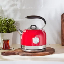 Karaca Retro Red Electric Kettle – Vintage Style, Quick Boil with LED Indicator, 153.03.06.2559