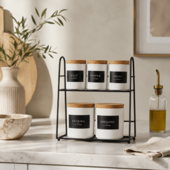 Karaca 5-Piece Porcelain Spice Rack Set with Stand – White & Black, 153.03.06.1892