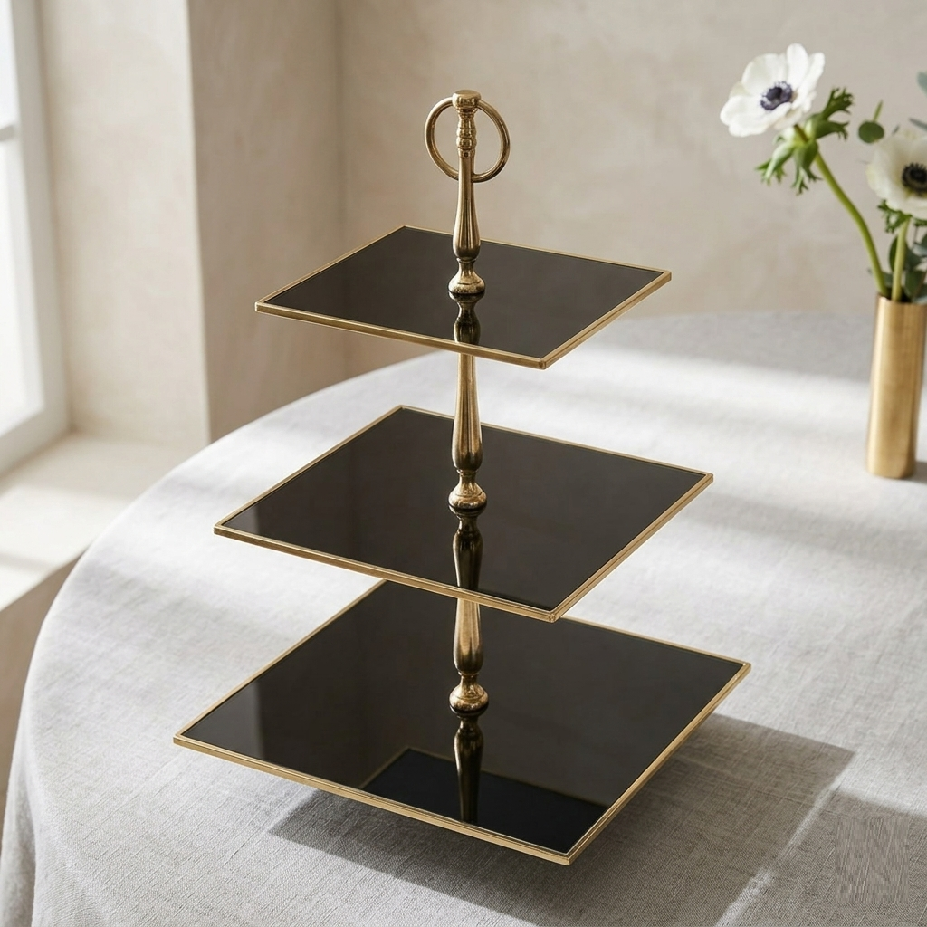 Karaca Home Line Glass Decorative 3-Tier Cake Stand 25 cm – Black & Gold Elegant Serving Stand, 300.21.02.0759 1 Karaca Home Line Glass Decorative 3-Tier Cake Stand 25 cm – Black & Gold Elegant Serving Stand, 300.21.02.0759