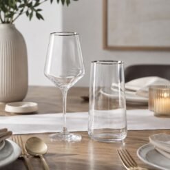 Karaca Ines 24-Piece Glass Set with Platinum Rim – Elegant Gold Detail Drinkware Set, 153.03.08.1647
