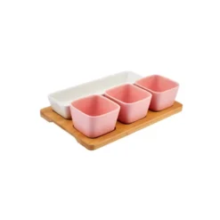 Alternative view of Karaca Malia 4-Piece Snack Bowl Set with Bamboo Tray – Pink & White, 153.03.06.9857