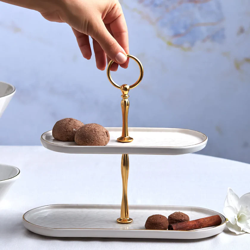Karaca Calvin Ceramic White Two Stand Cake Plate, 153.03.06.9167 2 Karaca Calvin Ceramic White Two Stand Cake Plate, 153.03.06.9167 - Image 2