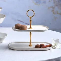 Karaca Calvin Ceramic White Two Stand Cake Plate, 153.03.06.9167