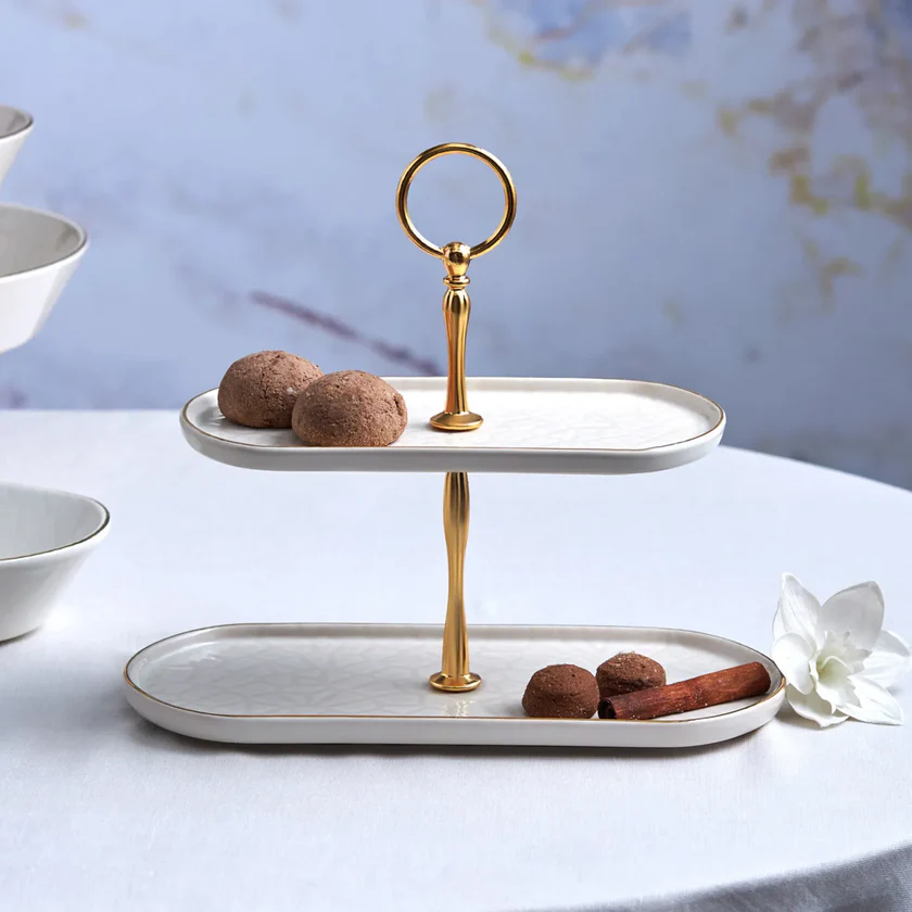 Karaca Calvin Ceramic White Two Stand Cake Plate, 153.03.06.9167 1 Karaca Calvin Ceramic White Two Stand Cake Plate, 153.03.06.9167