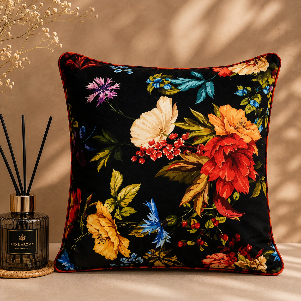 Karaca Home Floral Black Decorative Pillow 45 x 45 cm, 300.21.02.0234 1 Karaca Home Floral Black Decorative Pillow 45 x 45 cm, 300.21.02.0234