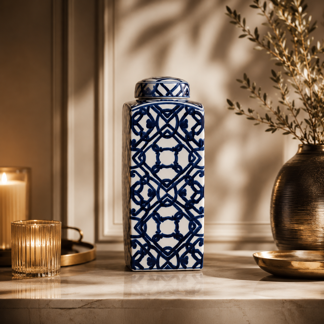 Karaca Home Dec Blue & White Ceramic Rectangular Cube Vase 37 cm, 300.21.02.0176 1 Karaca Home Dec Blue & White Ceramic Rectangular Cube Vase 37 cm, 300.21.02.0176