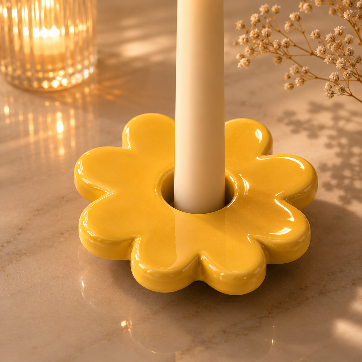 Karaca Home Grandeur Yellow Ceramic Candle Holder , 153.09.01.0910 1 Karaca Home Grandeur Yellow Ceramic Candle Holder , 153.09.01.0910