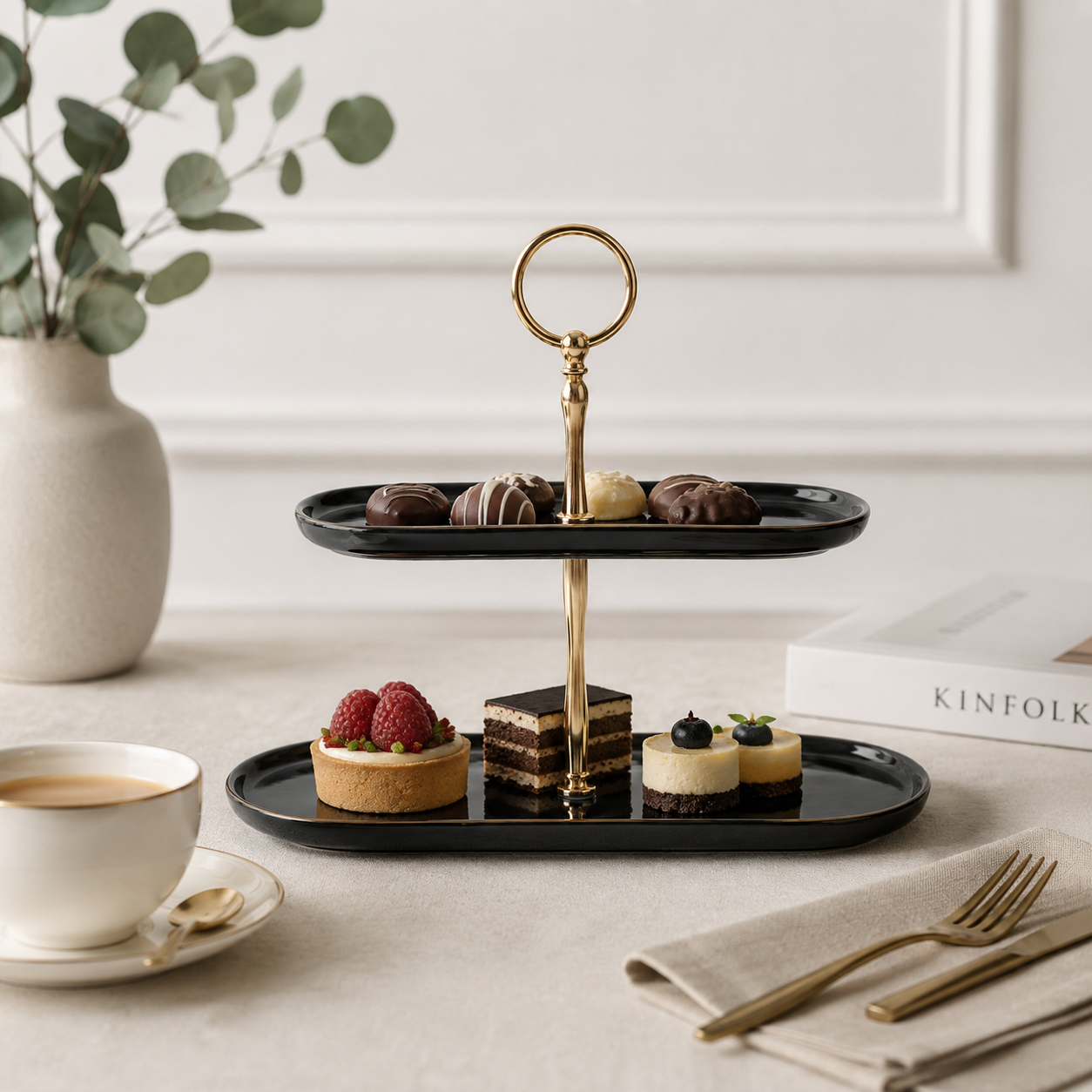 Karaca Calvin Ceramic Black Two Stand Cake Plate, 153.09.01.2696 1 Karaca Calvin Ceramic Black Two Stand Cake Plate, 153.09.01.2696