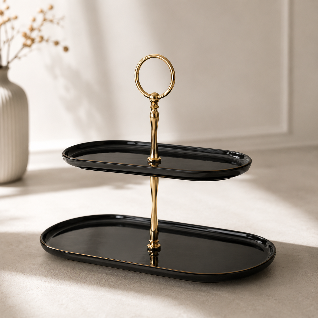 Karaca Calvin Ceramic Black Two Stand Cake Plate, 153.09.01.2696 2 Karaca Calvin Ceramic Black Two Stand Cake Plate, 153.09.01.2696 - Image 2