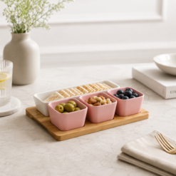 Karaca Malia 4-Piece Snack Bowl Set with Bamboo Tray – Pink & White, 153.03.06.9857