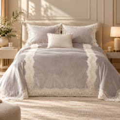 Karaca Home Mathilda 4-Piece Gold French Lace Bridal Bedspread Set – Grey, 200.21.01.0330