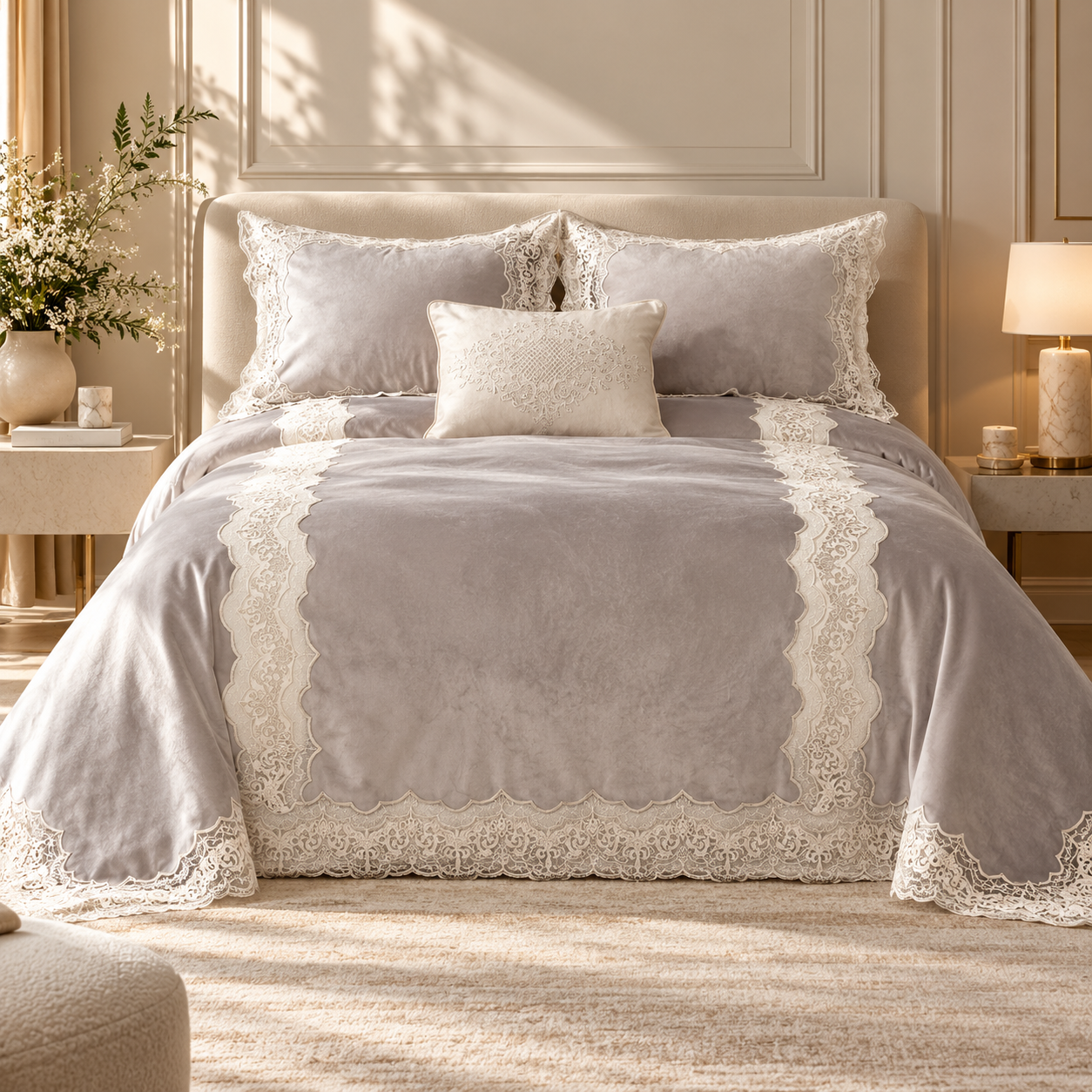 Karaca Home Mathilda 4-Piece Gold French Lace Bridal Bedspread Set – Grey, 200.21.01.0330 1 Karaca Home Mathilda 4-Piece Gold French Lace Bridal Bedspread Set – Grey, 200.21.01.0330