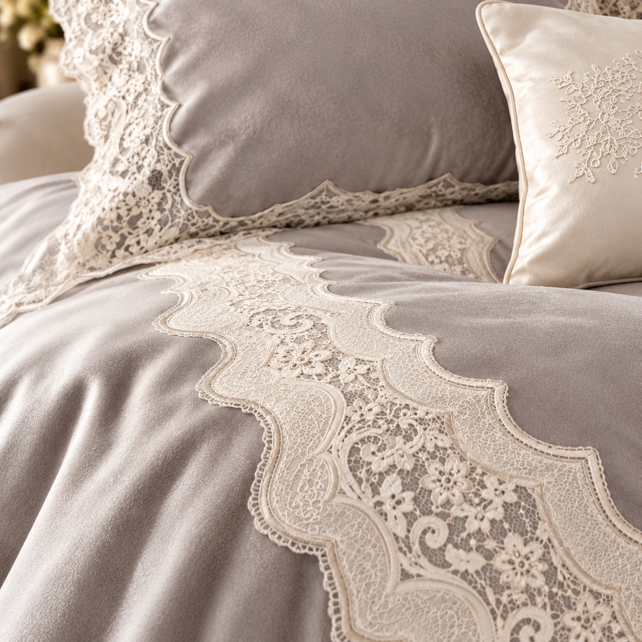 Karaca Home Mathilda 4-Piece Gold French Lace Bridal Bedspread Set – Grey, 200.21.01.0330 3 Karaca Home Mathilda 4-Piece Gold French Lace Bridal Bedspread Set – Grey, 200.21.01.0330 - Image 3