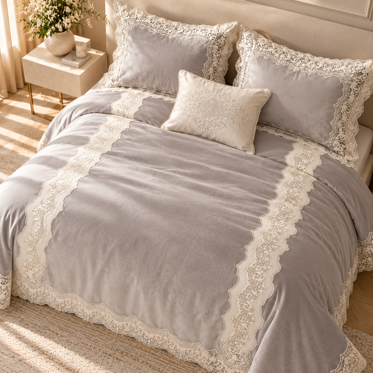 Karaca Home Mathilda 4-Piece Gold French Lace Bridal Bedspread Set – Grey, 200.21.01.0330 5 Karaca Home Mathilda 4-Piece Gold French Lace Bridal Bedspread Set – Grey, 200.21.01.0330 - Image 5