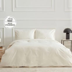 Karaca Home Josef Ecru Striped Satin Single Duvet Cover Set, 200.22.05.0131