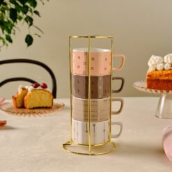 Karaca Versailles 4-Piece Mug Set with Gold Stand – 180 ml | Elegant Coffee & Tea Collection, 153.09.01.5398