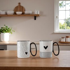 Karaca Amore Polka Dot 2-Piece Mug Set – 360 ml | Black & White Love Edition, 153.09.01.5415