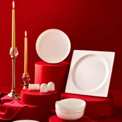 Karaca Red Carpet Collection Fine Pearl Extra Nish 62-Piece Dinner Set for 12 People, Platinum White, 153.03.08.4326