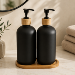 Karaca Home Cecilia 3-Piece Bathroom Accessory Set – Black & Natural Wood, 153.09.01.5212
