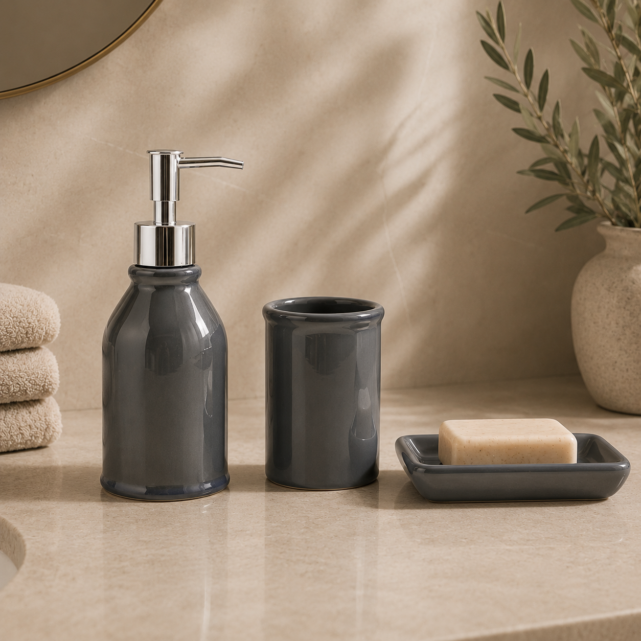 Karaca Home Plain 3-Piece Ceramic Bathroom Accessory Set, 300.23.01.0206 1 Karaca Home Plain 3-Piece Ceramic Bathroom Accessory Set, 300.23.01.0206