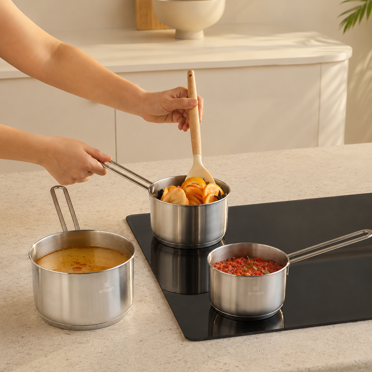 Karaca Emsan Fiorino Induction Base Stainless Steel 3-Piece Mini Milk & Sauce Pot Set, 153.09.01.8578 4 Karaca Emsan Fiorino Induction Base Stainless Steel 3-Piece Mini Milk & Sauce Pot Set, 153.09.01.8578 - Image 4