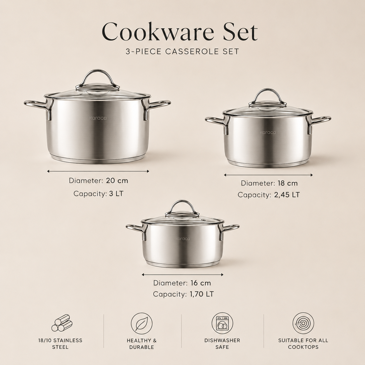 Karaca Fiorino Compact 6-Piece Stainless Steel Cookware Set, 153.09.01.8580 6 Karaca Fiorino Compact 6-Piece Stainless Steel Cookware Set, 153.09.01.8580 - Image 6
