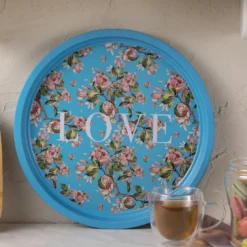Karaca Love Metal Round Tray 35 cm – Blue Floral Decorative Serving Tray, 153.09.01.3986