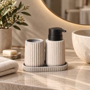 Karaca Trina 3-Piece Grey Bathroom Accessory Set – Dolomite Stone Finish, 8683650363897