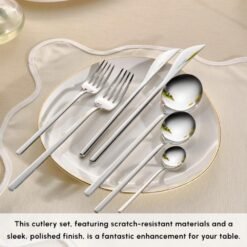 Karaca Focus 84-Piece Stainless Steel Cutlery Set for 12 People | Platinum Finish, 153.03.08.1807