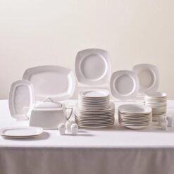 Karaca Square Bone Deren 60-Piece Dinner Set for 12 People - White | Embossed Porcelain, 153.03.08.2652