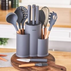 Karaca Burby 14-Piece Knife and Serving Set - Grey | Soft Touch Block, 153.09.01.3202