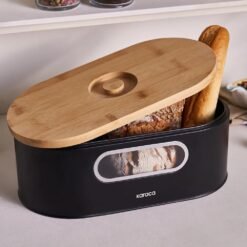 Karaca Stream 2-in-1 Bread Box and Cutting Board - Black | Steel and Bamboo Design, 153.09.01.4247