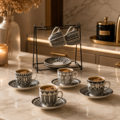 Karaca Altos 6-Piece Coffee Cup Set with Metal Stand 90 ml – Bone Porcelain, 153.09.01.5321
