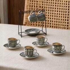 Karaca Altos 6-Piece Coffee Cup Set with Metal Stand - 90 ml | Bone Porcelain, 153.09.01.5321