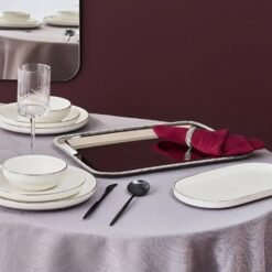 Karaca Home Majesty Luxury Silver Serving Tray - Stainless Steel with Crystal Beaded Detail (Handle-Free Design), 153.09.01.9217