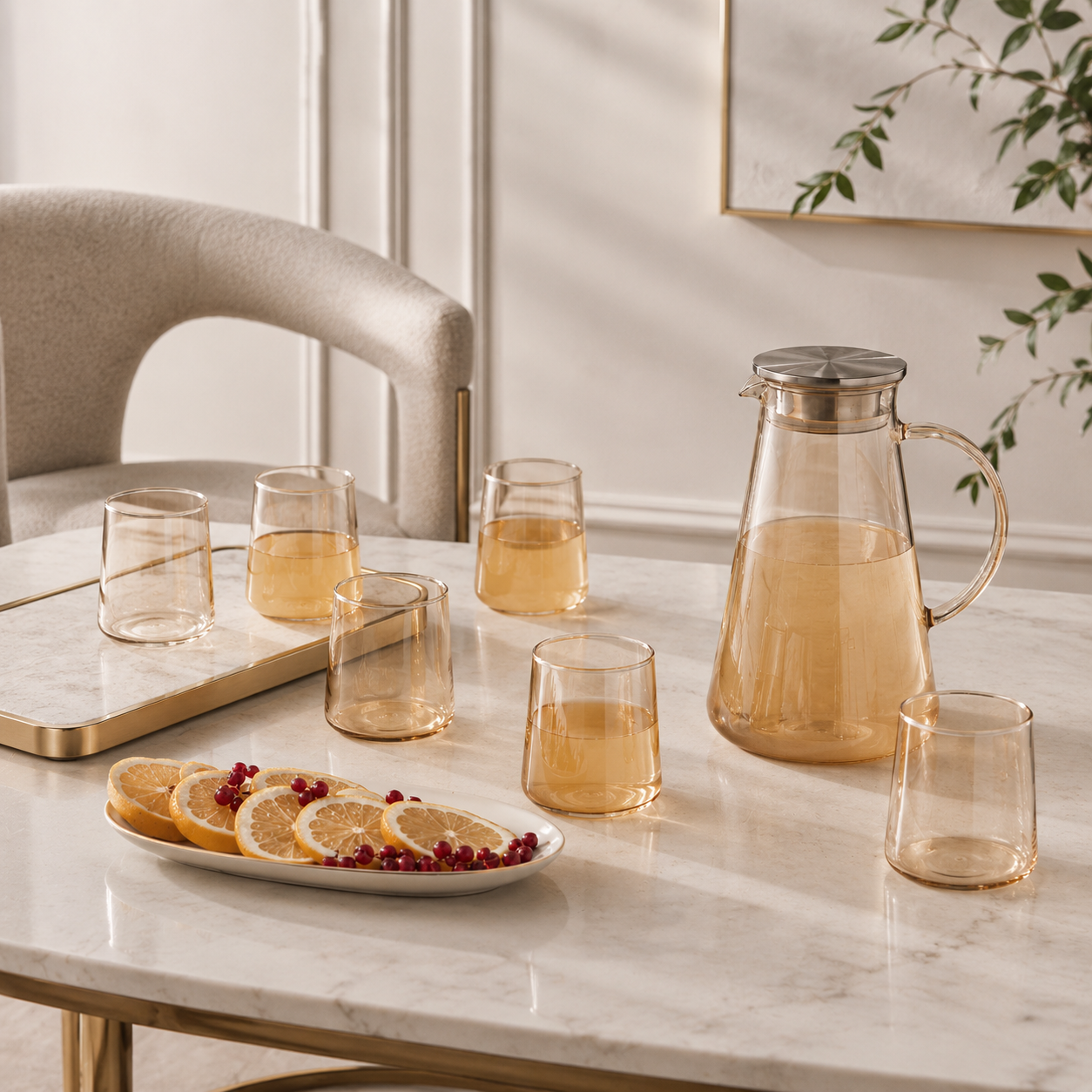 Karaca Serene 7-Piece Amber Glass Drinkware Set for 6 People – 1.8 L Carafe, 153.09.01.9485 1 Karaca Serene 7-Piece Amber Glass Drinkware Set for 6 People – 1.8 L Carafe, 153.09.01.9485