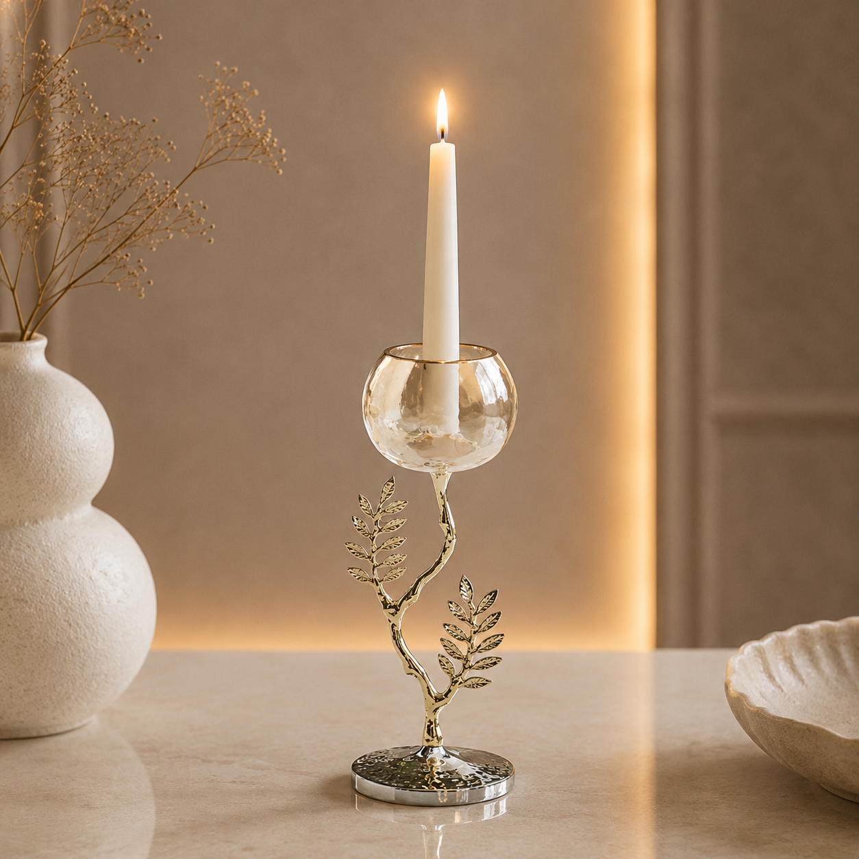 Karaca Home New Year Carmenta Glass Candle Holder 26 cm - Silver/Gold, 153.09.01.9496 1 Karaca Home New Year Carmenta Glass Candle Holder 26 cm - Silver/Gold, 153.09.01.9496