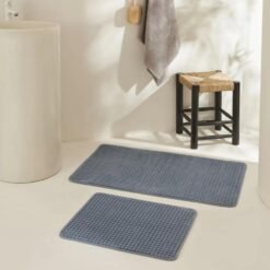 Karaca Home Plaid Embossed 2-Piece Bath Mat Set - Indigo | Soft Absorbent Bathroom Rugs, 200.22.05.0259