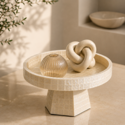 Karaca Home Carrie Footed Decorative Plate – White Mosaic Design, 8680214399781