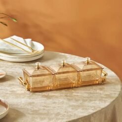 Karaca Maria 3-Piece Decorative Serving Bowls Set with Lids and Tray - Amber, 8683650346784