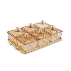 Karaca Maria 6-Piece Decorative Serving Bowls Set with Lids and Tray - Amber, 8683650346791