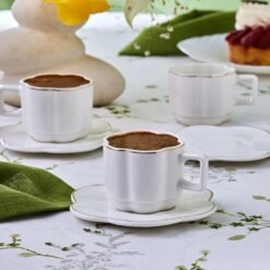 Karaca Ezgi 6-Piece Coffee Cup Set with Saucers 90 ml | White with Gold Rim Fine Bone Porcelain, 8683650366201